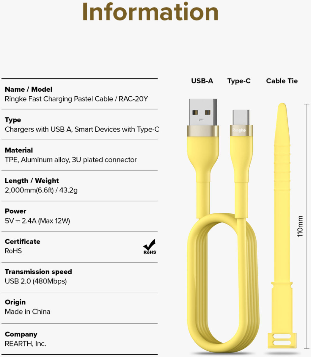 Ringke Pastel 2.4A USB 2.0 naar USB-C Snellaad Kabel 12W 2 Meter Geel afbeelding 11