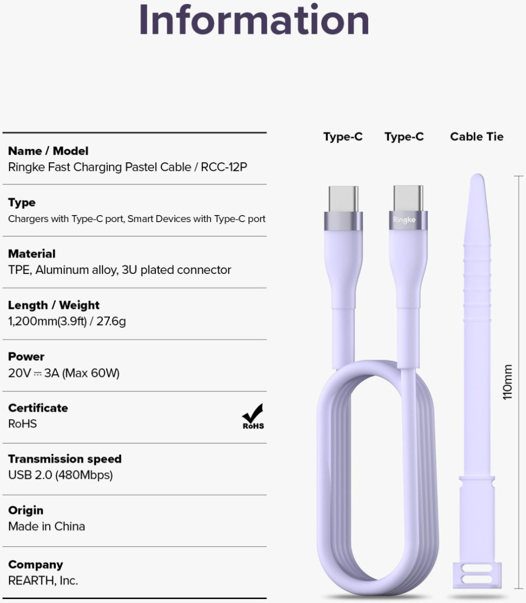 Ringke Pastel 3A USB-C Snellaad Kabel PD 3.0 en QC 3.0 60W 1.2M Paars afbeelding 12