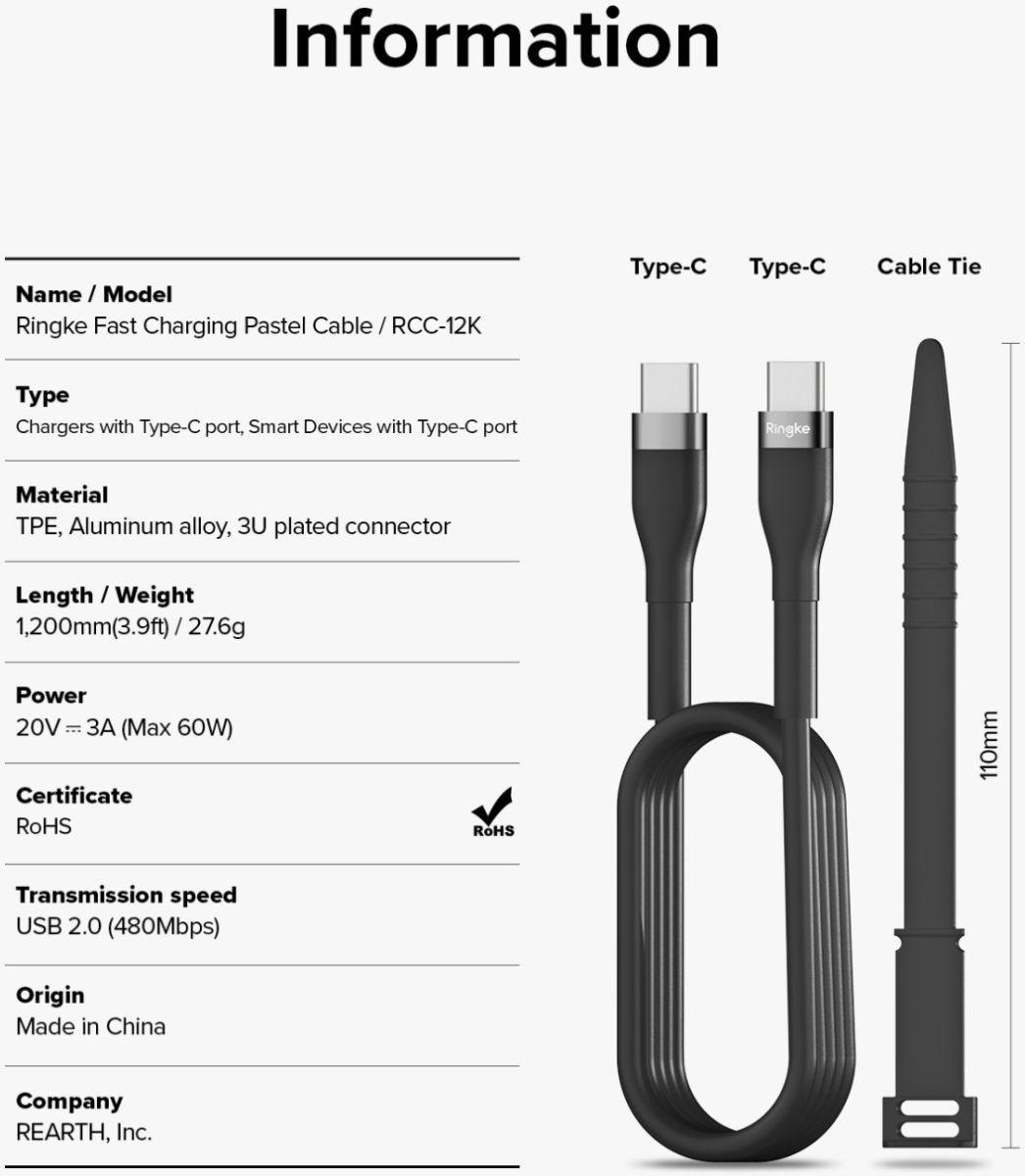 Ringke Pastel 3A USB-C Snellaad Kabel PD 3.0 en QC 3.0 60W 1.2M Zwart afbeelding 12