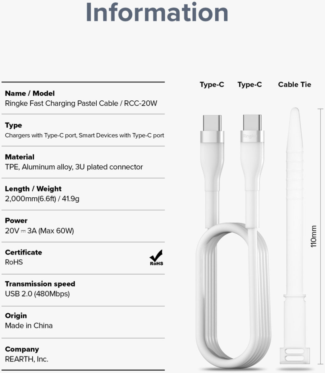Ringke Pastel 3A USB-C Snellaad Kabel PD 3.0 en QC 3.0 60W 2M Wit afbeelding 12