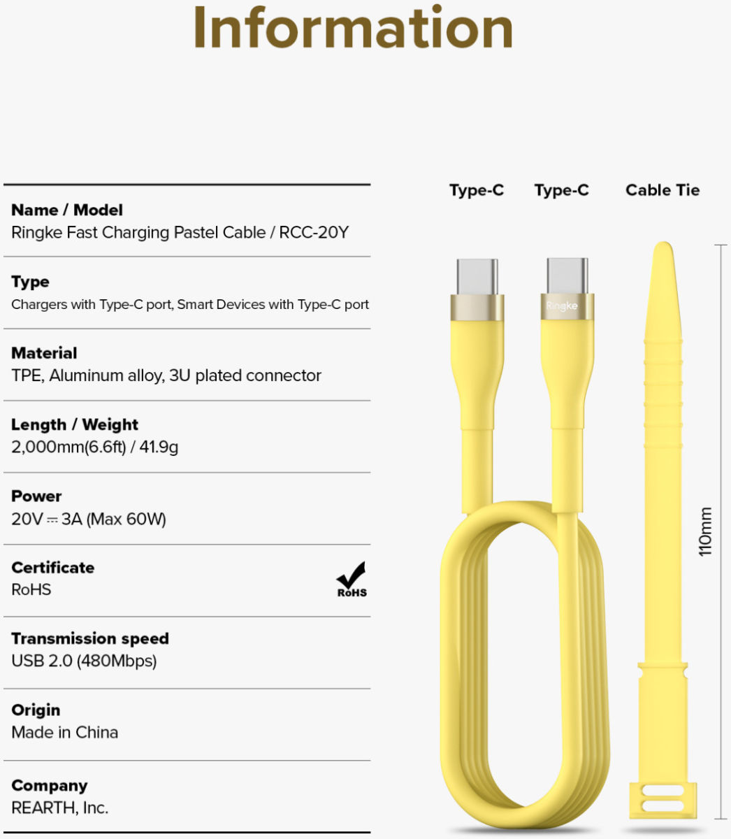 Ringke Pastel 3A USB-C Snellaad Kabel PD 3.0 en QC 3.0 60W 2M Geel afbeelding 12
