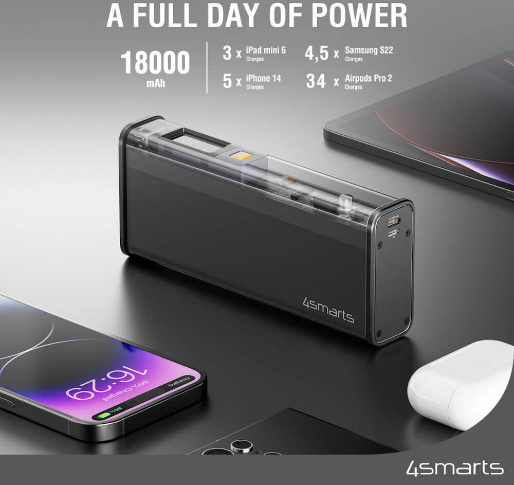 4smarts Powerbank 18.000 mAh met PD en QC 22.5W Digitale Display Zwart afbeelding 4