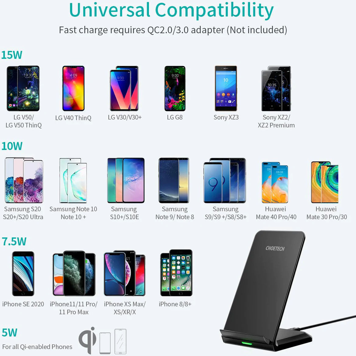 Choetech Wireless Charging Stand Bureau Houder 10W Zwart/Wit (2-Pack) afbeelding 10