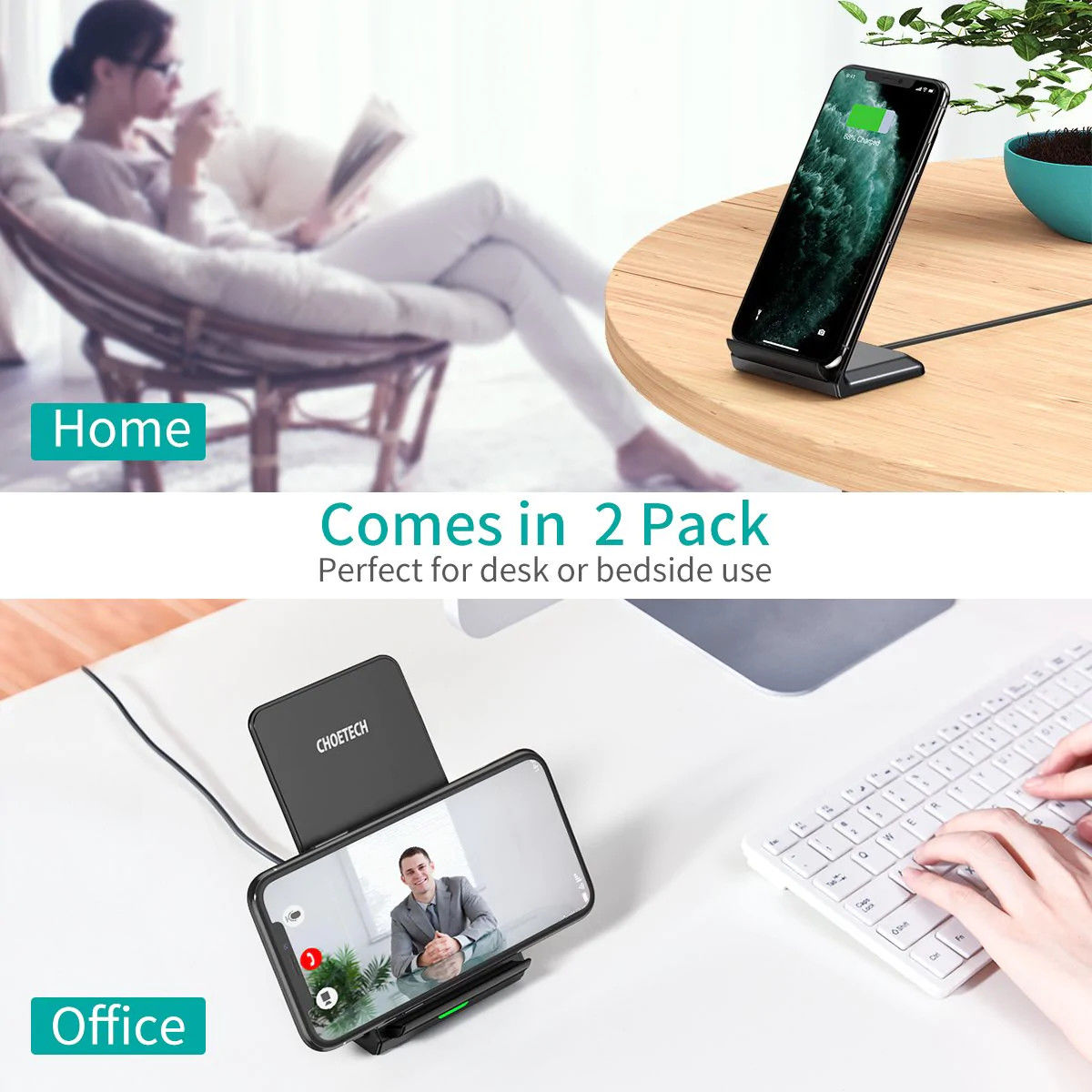 Choetech Wireless Charging Stand Bureau Houder 10W Zwart/Wit (2-Pack) afbeelding 4