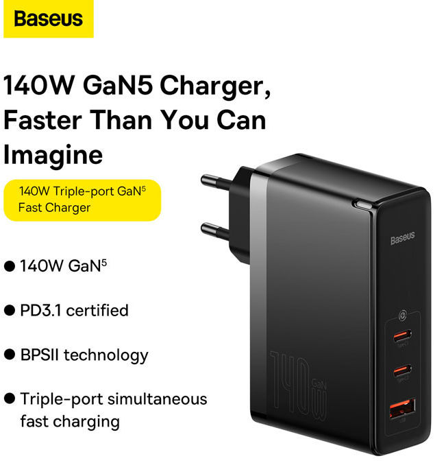 Baseus GaN5 Pro 140W Snellader voor Laptop/MacBook PD Adapter 5A Zwart afbeelding 3