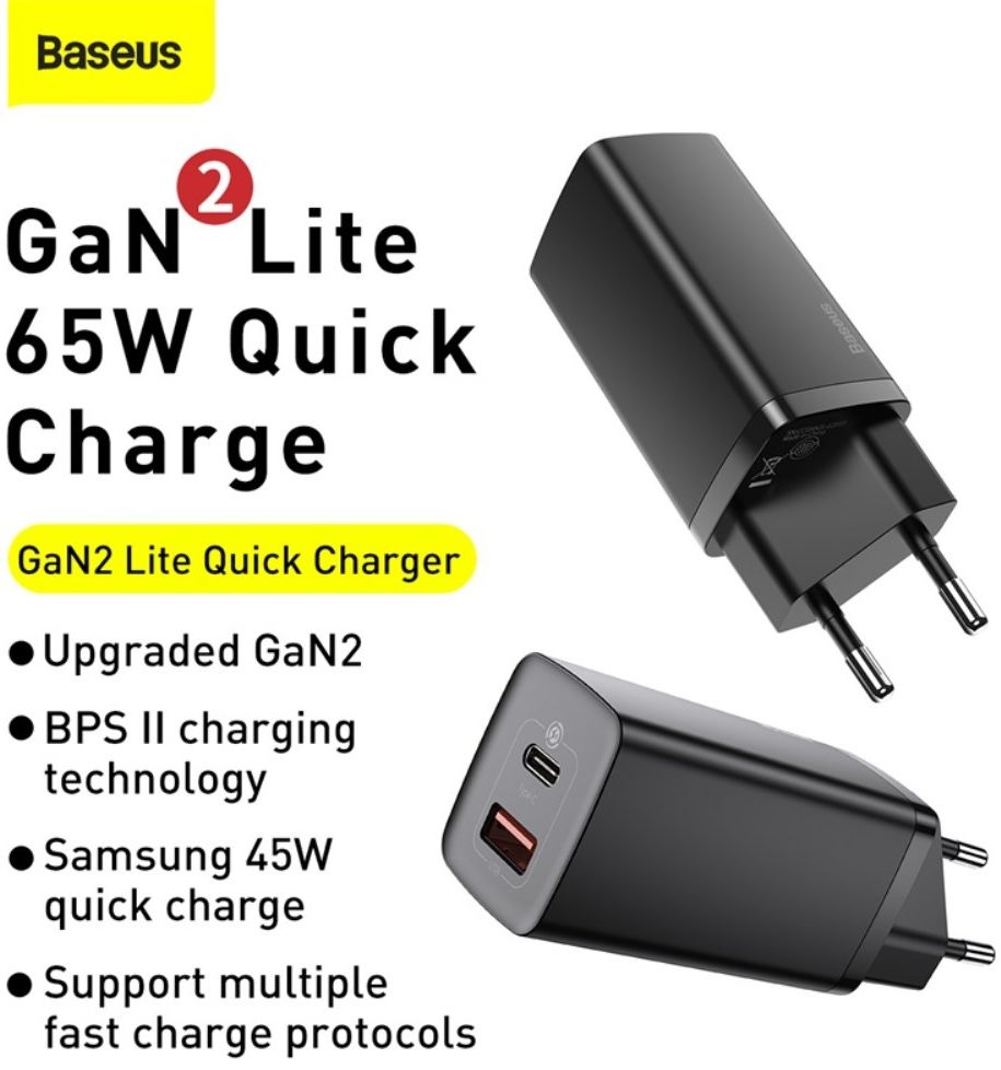 Baseus GaN2 Snellader 65W met Power Delivery en Quick Charge Zwart afbeelding 5