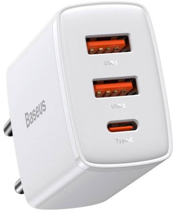 Baseus Compacte Trio Snellader 30W USB/USB-C Adapter Fast Charge Wit Opladers