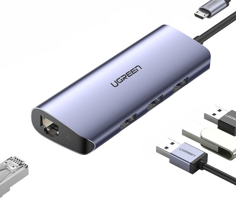 UGREEN USB-C naar 3x USB 3.0/RJ45 Ethernet 1000Mbps/Micro USB Adapter afbeelding 2