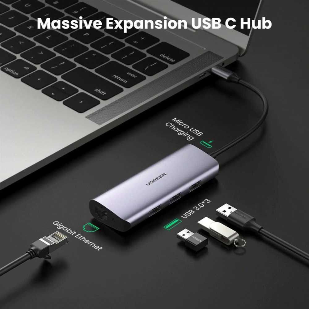 UGREEN USB-C naar 3x USB 3.0/RJ45 Ethernet 1000Mbps/Micro USB Adapter afbeelding 3