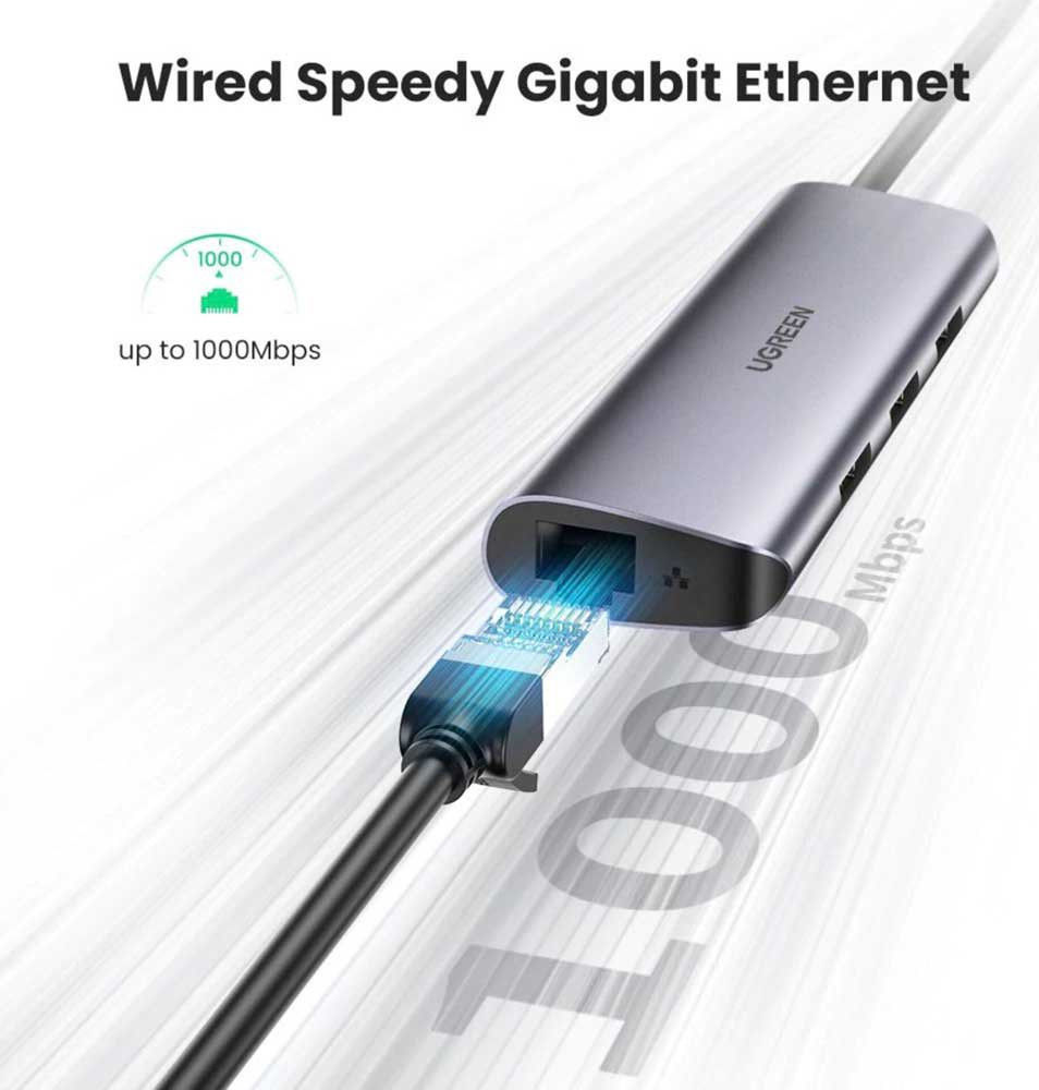 UGREEN USB-C naar 3x USB 3.0/RJ45 Ethernet 1000Mbps/Micro USB Adapter afbeelding 4