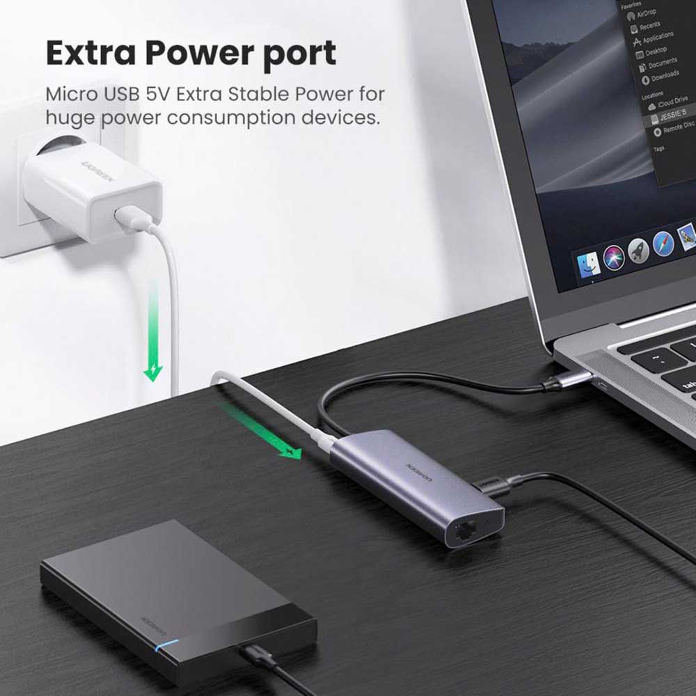 UGREEN USB-C naar 3x USB 3.0/RJ45 Ethernet 1000Mbps/Micro USB Adapter afbeelding 6