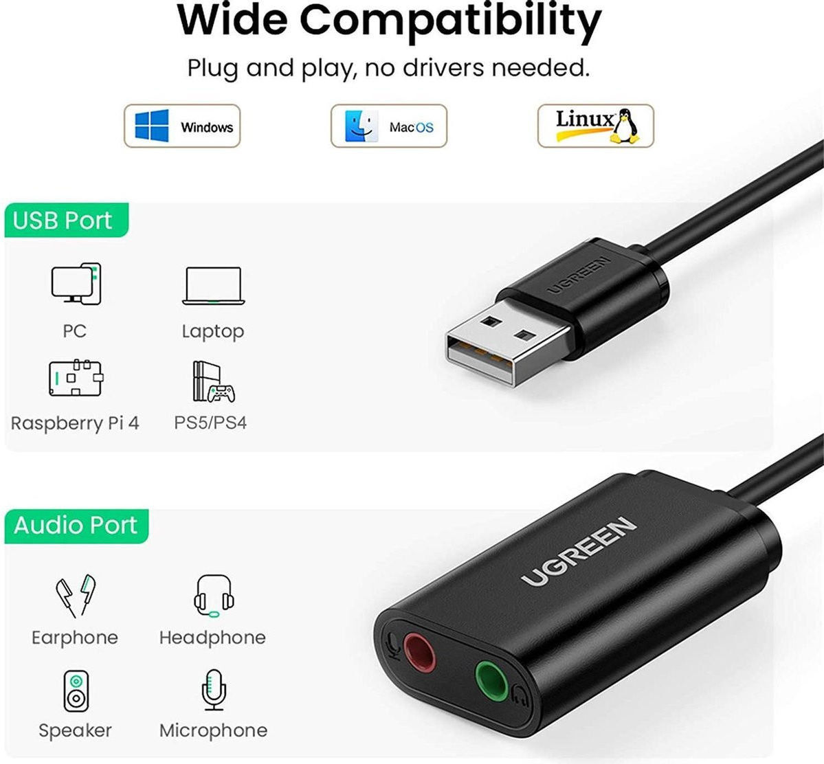 UGREEN Externe USB Geluidskaart voor 3.5 mm Jack Wit afbeelding 3