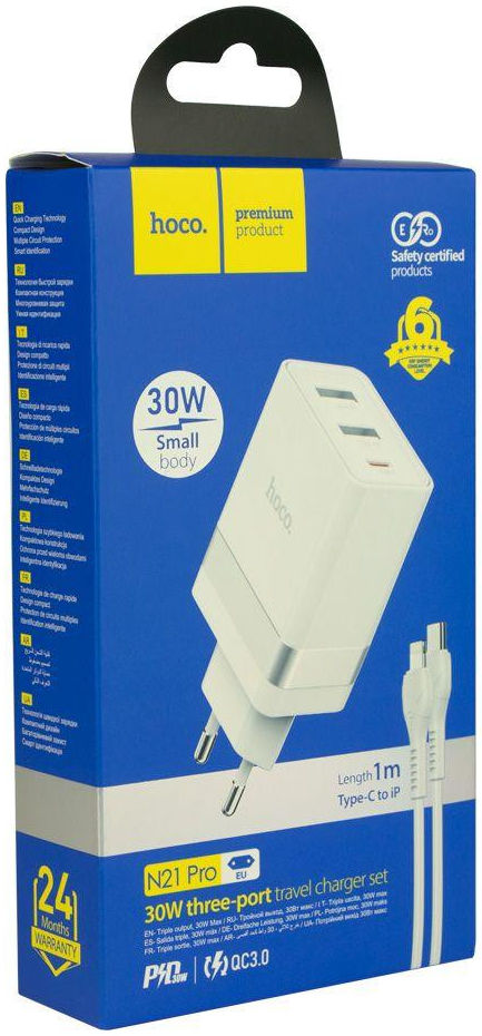 HocoN21 30W Fast Charge Adapter + USB-C naar Lightning Kabel 1M Wit afbeelding 5