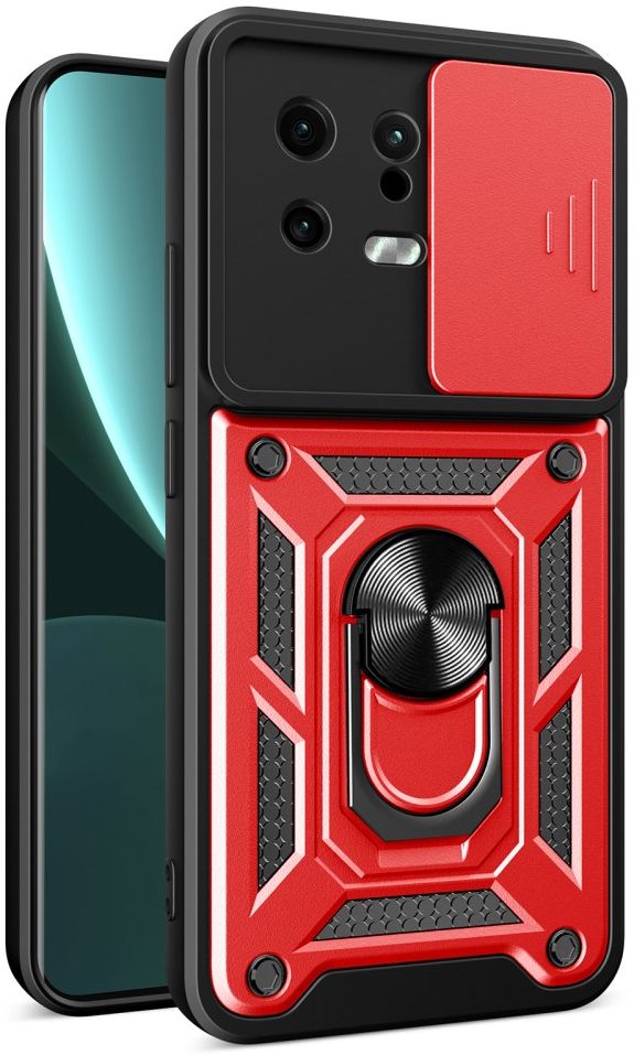 Xiaomi 13 Hoesje met Camera Slider en Kickstand Ring Rood afbeelding 1