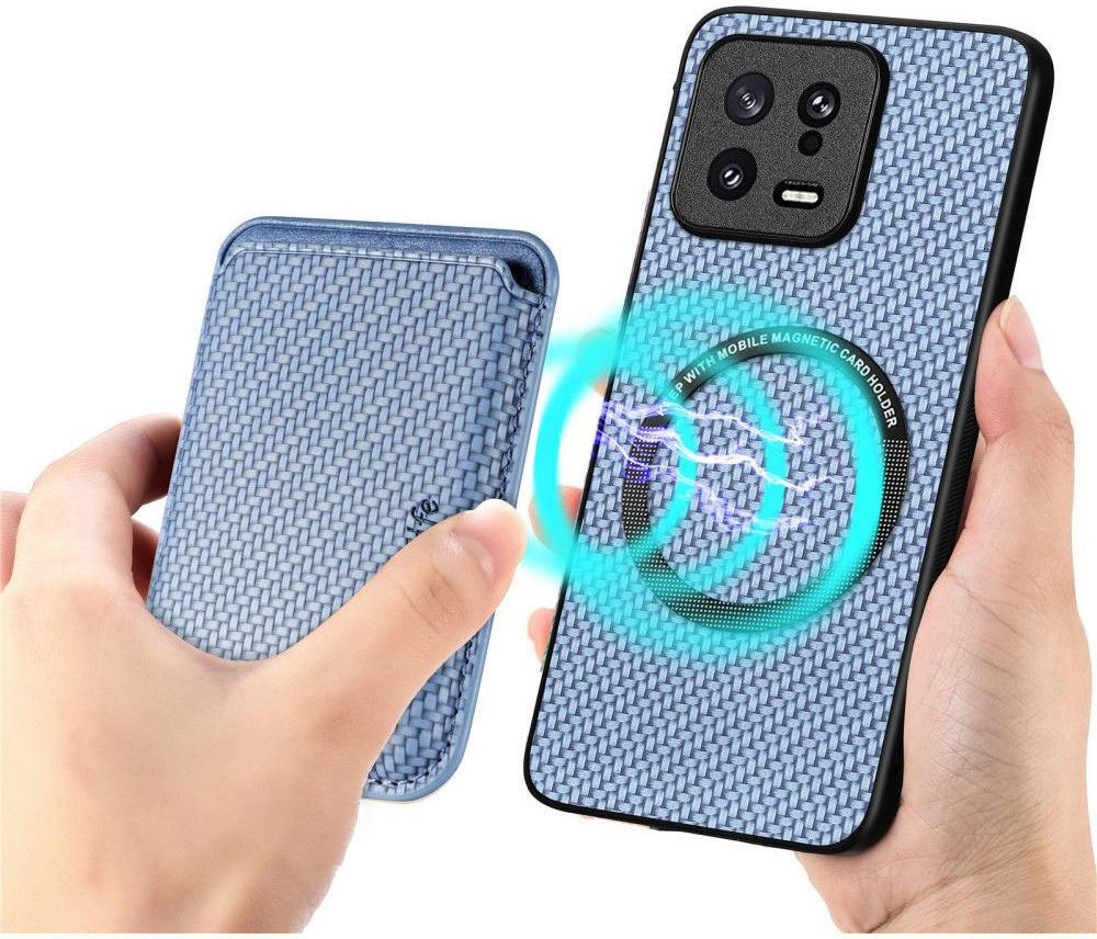 Xiaomi 13 Hoesje Carbon Fiber Cover met Magnetische Kaarthouder Blauw afbeelding 2