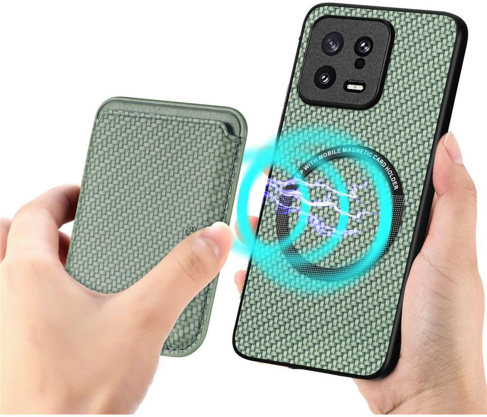 Xiaomi 13 Hoesje Carbon Fiber Cover met Magnetische Kaarthouder Groen afbeelding 2