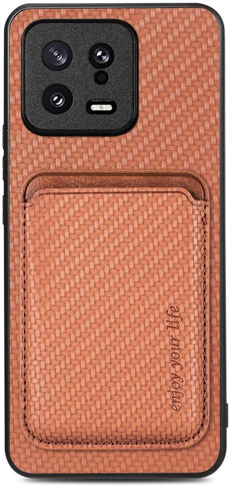 Xiaomi 13 Hoesje Carbon Fiber Cover met Magnetische Kaarthouder Bruin afbeelding 1