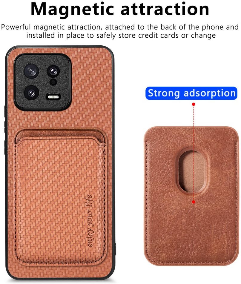 Xiaomi 13 Hoesje Carbon Fiber Cover met Magnetische Kaarthouder Bruin afbeelding 4