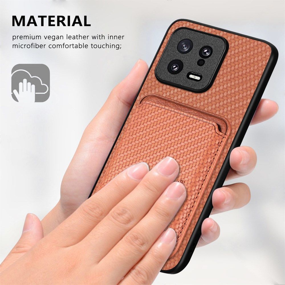 Xiaomi 13 Hoesje Carbon Fiber Cover met Magnetische Kaarthouder Bruin afbeelding 6