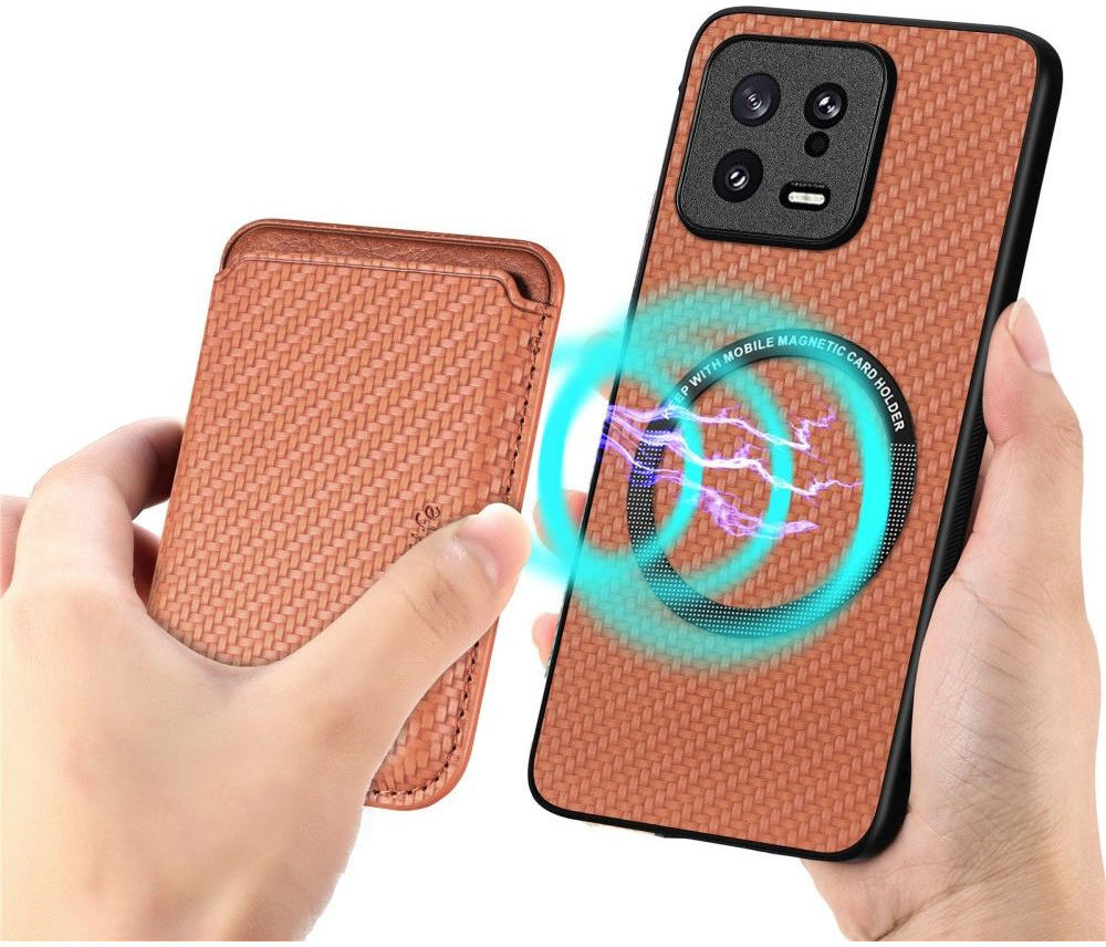 Xiaomi 13 Hoesje Carbon Fiber Cover met Magnetische Kaarthouder Bruin afbeelding 2