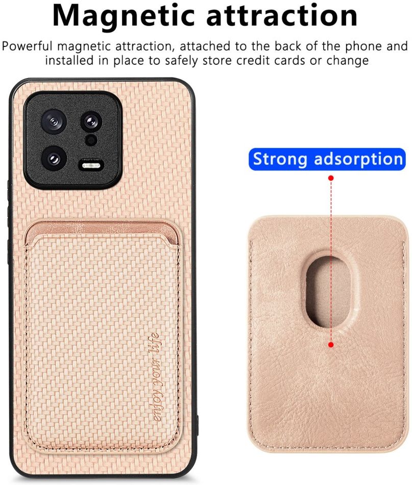 Xiaomi 13 Hoesje Carbon Fiber Cover met Magnetische Kaarthouder Khaki afbeelding 2