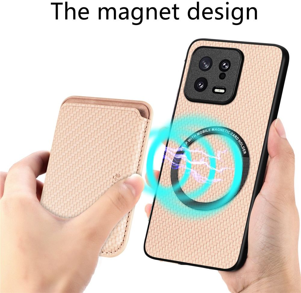 Xiaomi 13 Hoesje Carbon Fiber Cover met Magnetische Kaarthouder Khaki afbeelding 3