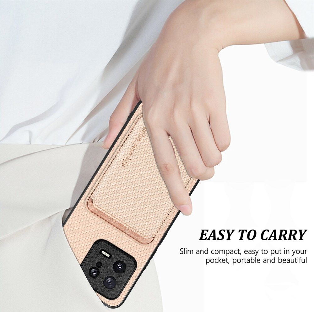 Xiaomi 13 Hoesje Carbon Fiber Cover met Magnetische Kaarthouder Khaki afbeelding 5
