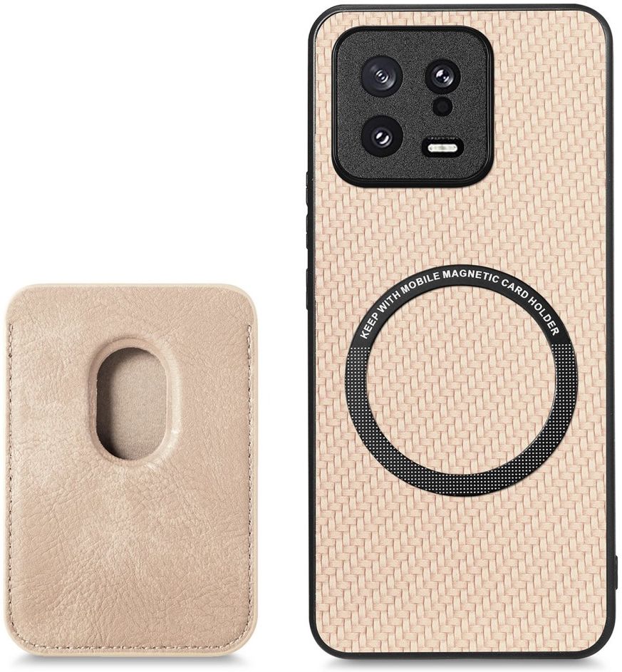 Xiaomi 13 Hoesje Carbon Fiber Cover met Magnetische Kaarthouder Khaki afbeelding 6