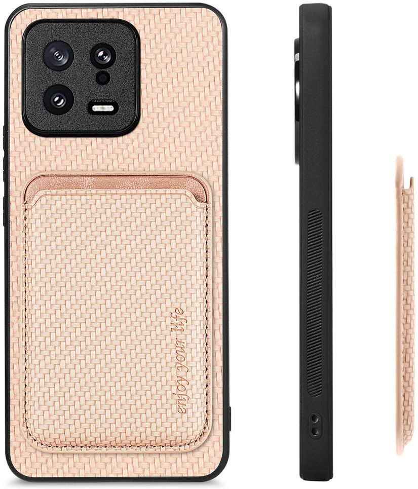 Xiaomi 13 Hoesje Carbon Fiber Cover met Magnetische Kaarthouder Khaki afbeelding 7