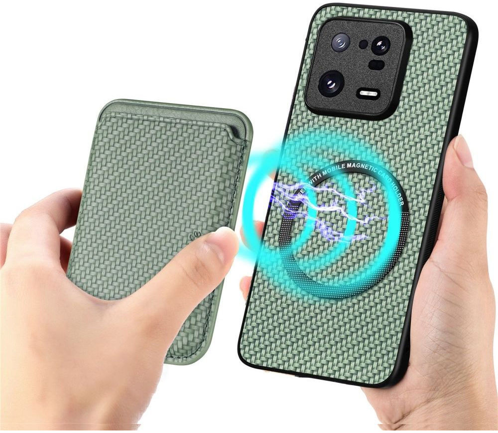 Xiaomi 13 Pro Hoesje Carbon Fiber met Magnetische Kaarthouder Groen afbeelding 2