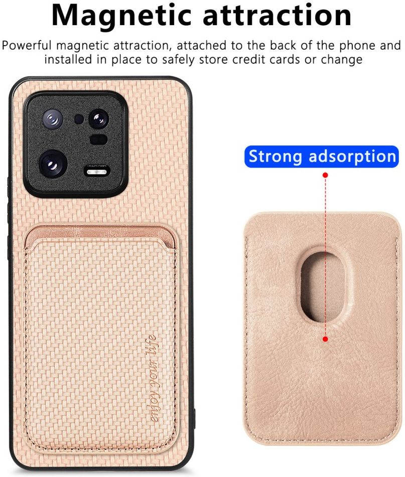 Xiaomi 13 Pro Hoesje Carbon Fiber met Magnetische Kaarthouder Khaki afbeelding 2