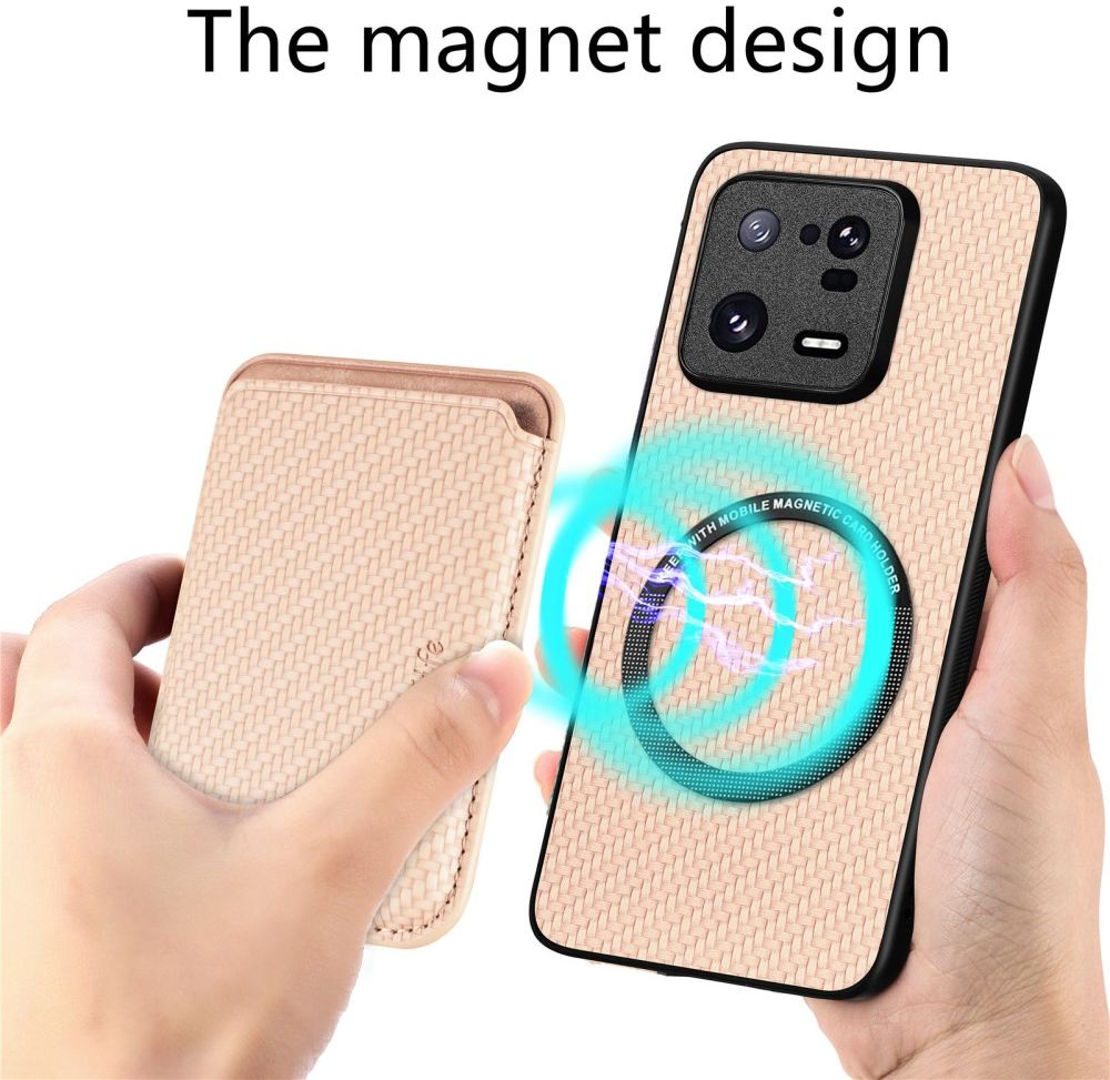 Xiaomi 13 Pro Hoesje Carbon Fiber met Magnetische Kaarthouder Khaki afbeelding 3