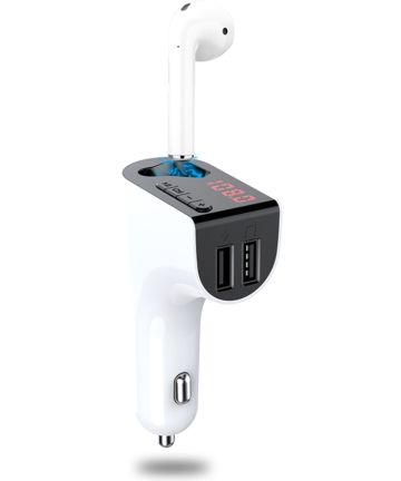 Bluetooth 5.0 Muziek Transmitter met Dual USB Autolader + Wit Oordopje Opladers