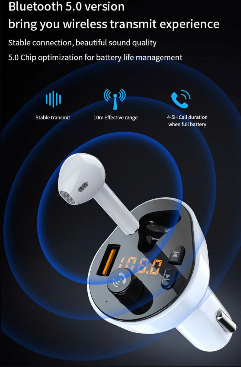 Auto Snellader met Bluetooth 5.0 Muziek FM Transmitter + Oordopje afbeelding 5