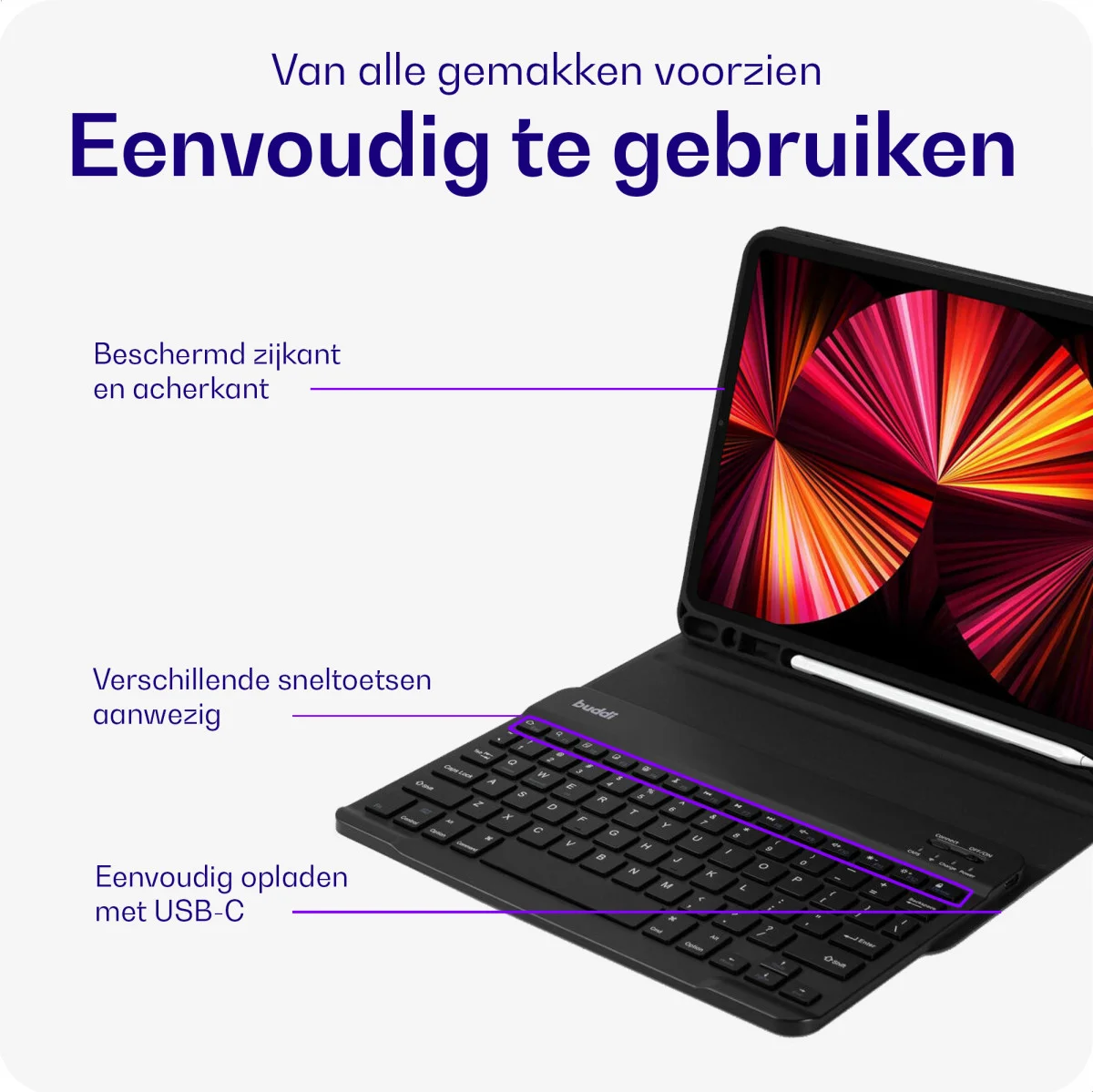 Buddi Zuna iPad 11 2025 / 10.9 2022 Hoes met QWERTY Toetsenbord Book Case Zwart afbeelding 3
