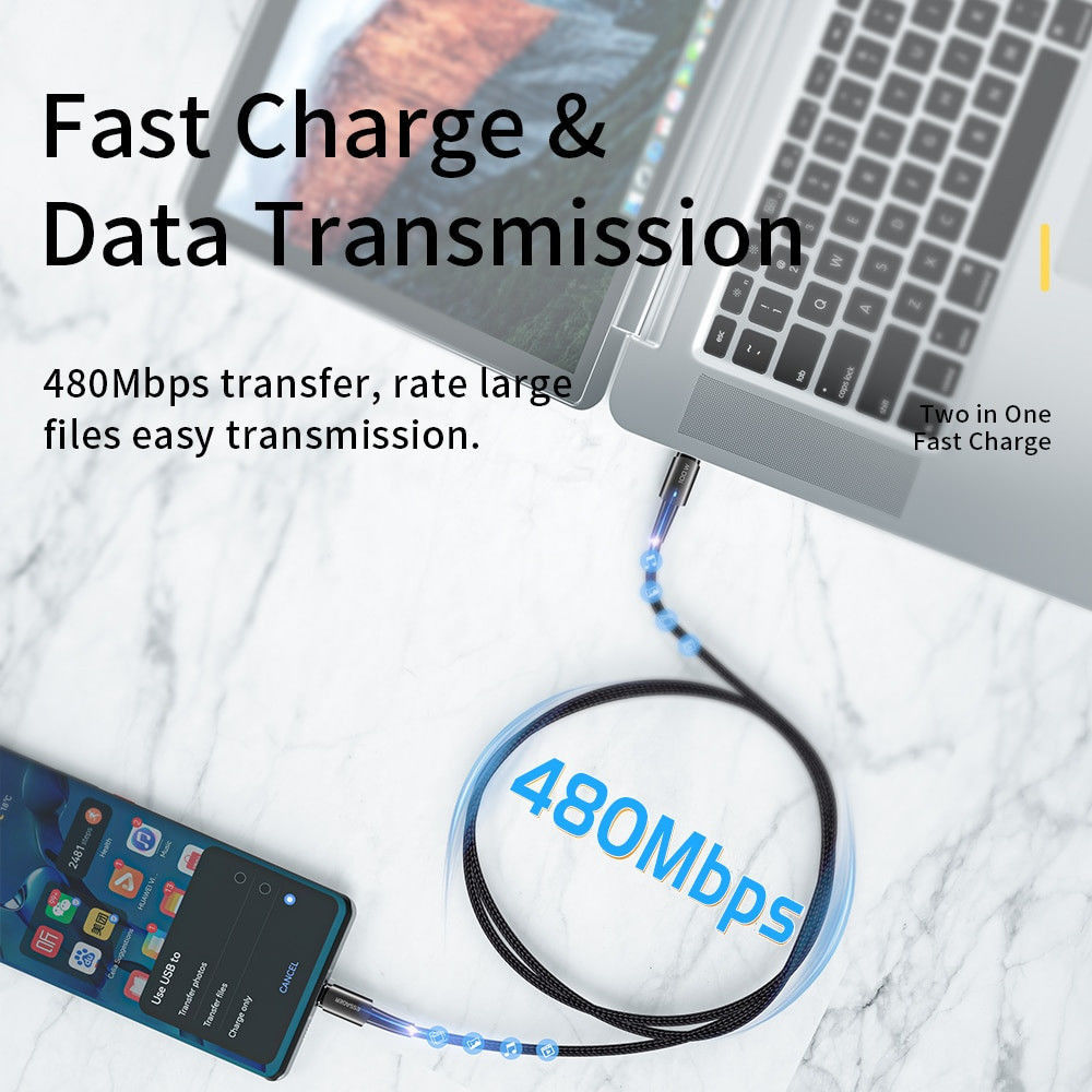 Essager 100W USB-C Snellaad Kabel 5A 3M Zwart afbeelding 4