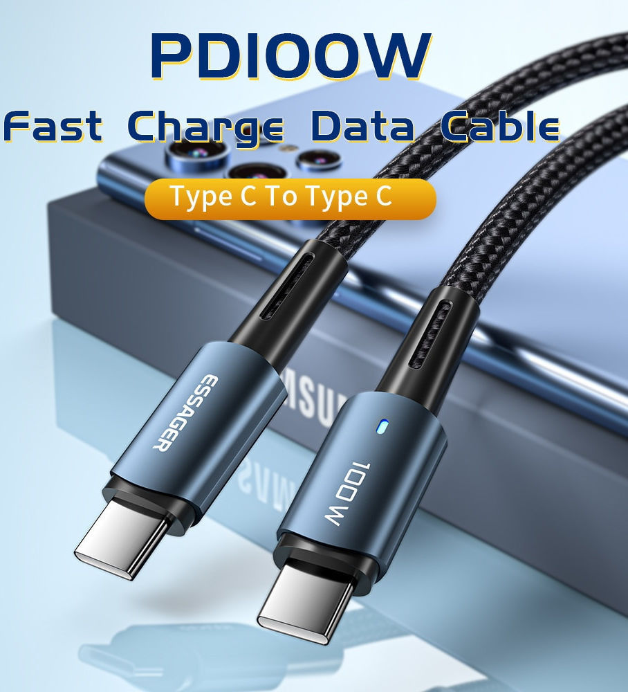 Essager 100W USB-C Snellaad Kabel 5A 3M Zwart afbeelding 7