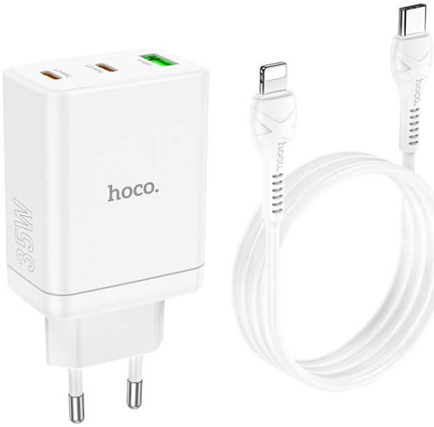 Hoco 35W USB/USB-C Snellader PD + QC 3.0 met Lightning Kabel 1M Wit afbeelding 2