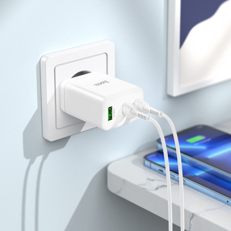 Hoco 35W USB/USB-C Snellader PD + QC 3.0 met Lightning Kabel 1M Wit afbeelding 3