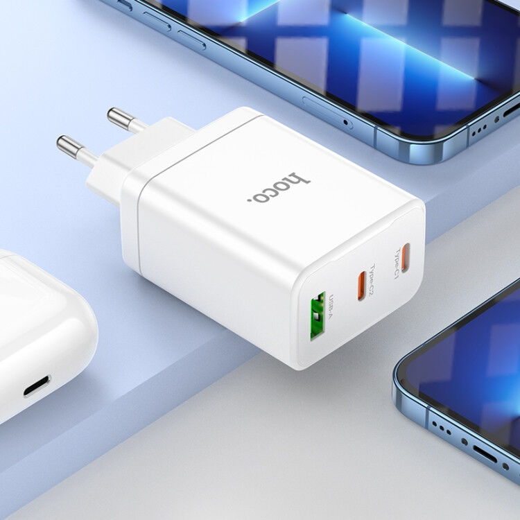 Hoco 35W USB/USB-C Snellader PD + QC 3.0 met Lightning Kabel 1M Wit afbeelding 4
