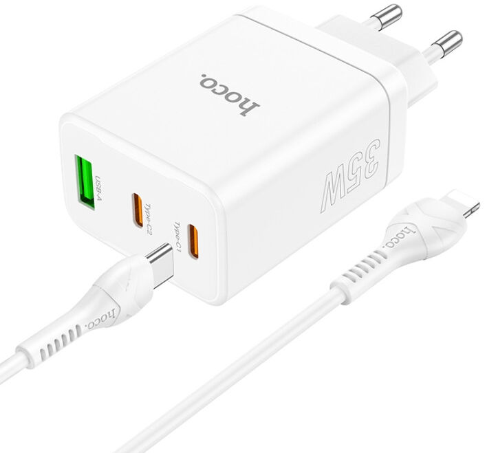 Hoco 35W USB/USB-C Snellader PD + QC 3.0 met Lightning Kabel 1M Wit afbeelding 5