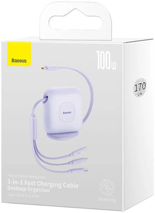 Baseus USB-C naar Lightning/USB-C/Micro USB Kabel 100W PD 1.7M Paars afbeelding 10