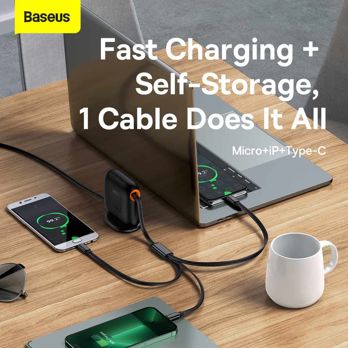 Baseus USB-C naar Lightning/USB-C/Micro USB Kabel 100W PD 1.7M Groen afbeelding 4