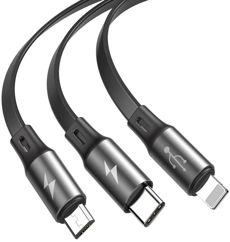 Baseus 3-in-1 USB naar Lightning/USB-C/Micro USB Kabel 3.5A 1.2M Grijs afbeelding 2