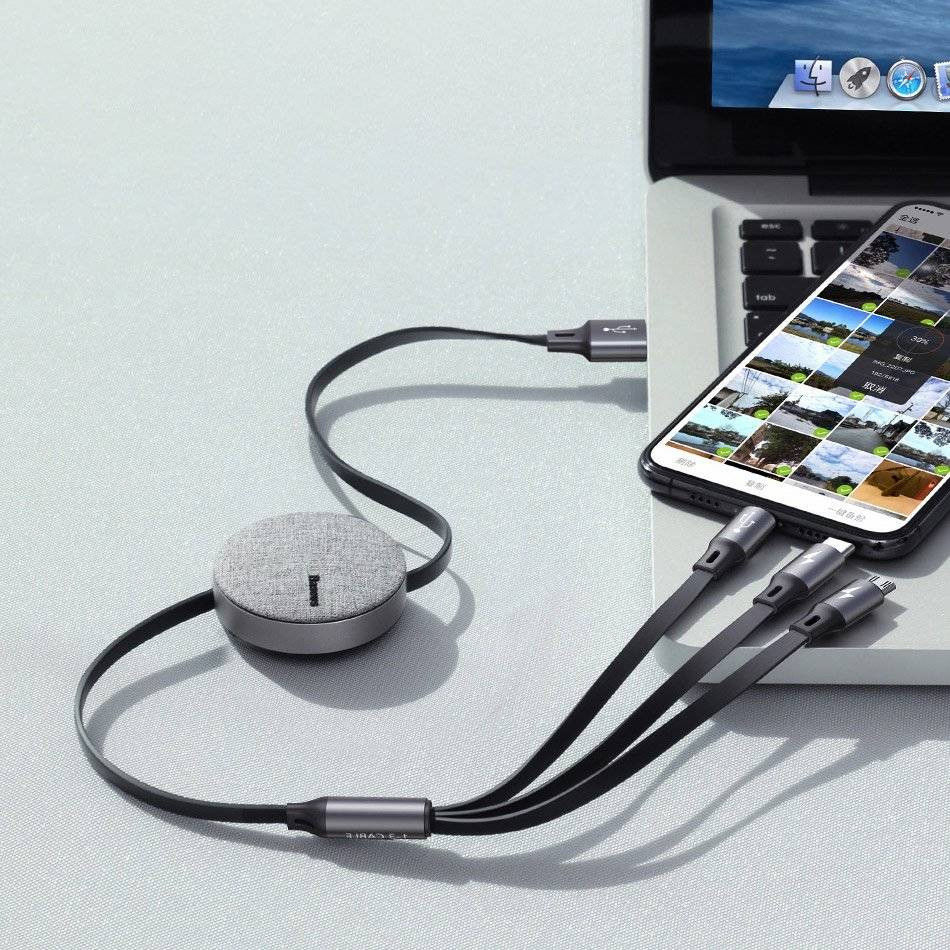 Baseus 3-in-1 USB naar Lightning/USB-C/Micro USB Kabel 3.5A 1.2M Grijs afbeelding 4