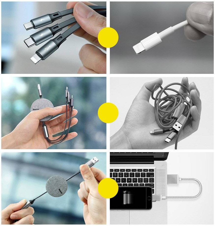 Baseus 3-in-1 USB naar Lightning/USB-C/Micro USB Kabel 3.5A 1.2M Grijs afbeelding 7