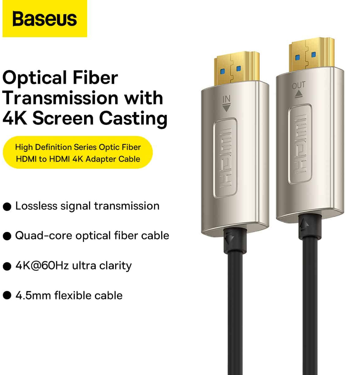 Baseus HD Optic Fiber HDMI naar HDMI 4K@60Hz Kabel 10M Zwart afbeelding 3