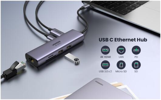 UGREEN 7-in-1 USB-C HUB met HDMI/USB/Ethernet/HDMI/USB-C/Kaartlezer afbeelding 2