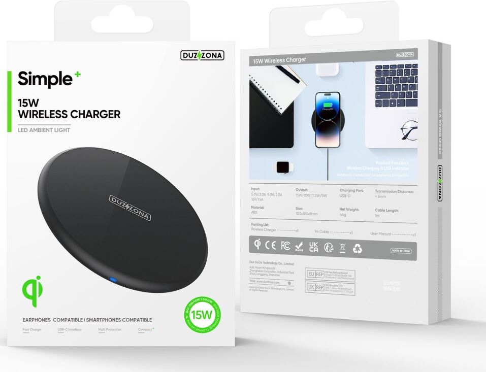 Duzzona W11 15W Draadloze Fast Charge Oplader met USB-C Kabel 1M Zwart afbeelding 13