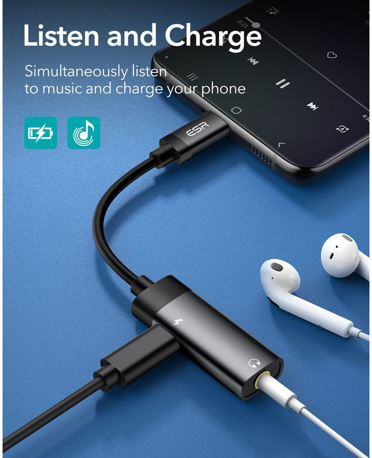 ESR USB-C naar USB-C Fast Charge + 3.5mm Jack Audio Adapter Zwart afbeelding 3